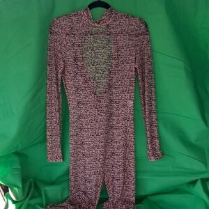 Women's Pink Script-Print Long-Sleeve Jumpsuit